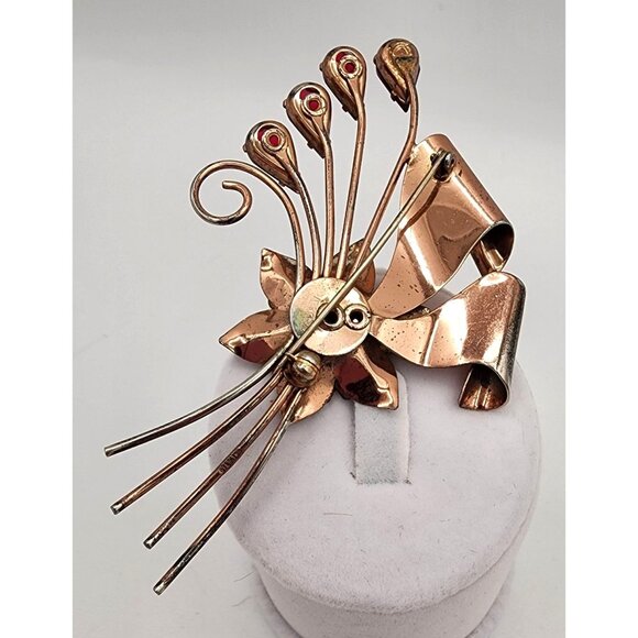 Vintage Sterling Silver with Rose Gold Vermeil Plum Rhinestone Floral Brooch 40s - Picture 3 of 12